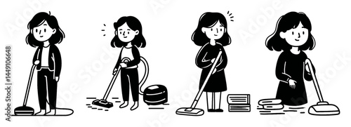 Girl Cleaning with Vacuum in Monoline Doodle Style Coloring Page