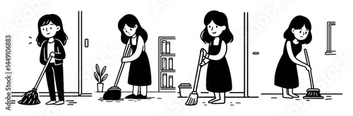 Doodle Illustration of Girl Cleaning Floors with Monoline Style