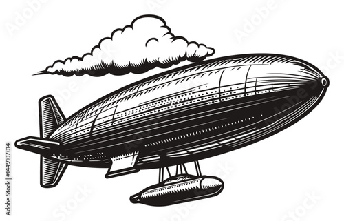Detailed Engraving of a Vintage Zeppelin with Clouds Above