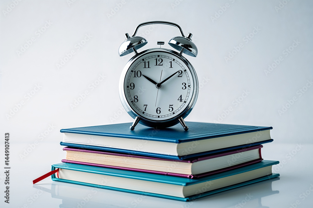 alarm clock and books on white background alarm clock and books on white background