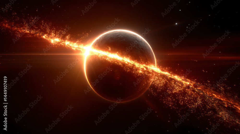 Huge comet strikes planet, creating fiery explosion and bright glowing trail in space, capturing dramatic and intense cosmic moment Huge comet strikes planet, creating fiery explosion and bright glowing trail in space, capturing dramatic and intense cosmic moment