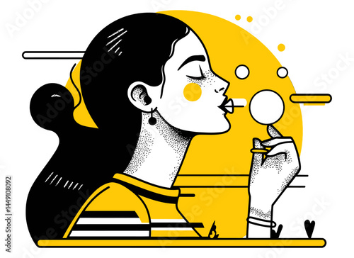 Stylish Woman Chewing Gum Doodle Illustration in Flat Design Style