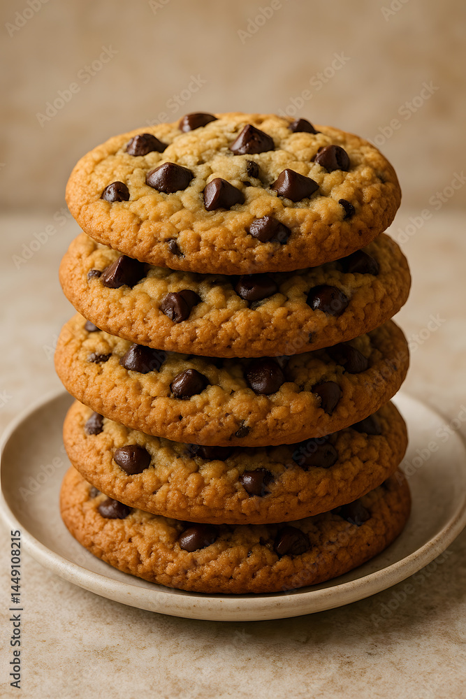 Stack of delicious chocolate chip cookies on a plate Stack of delicious chocolate chip cookies on a plate
