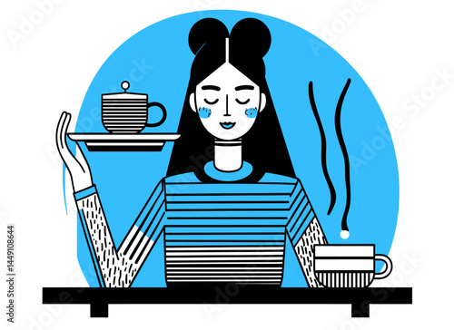 Woman Serving Coffee in Doodle Style Illustration on Blue Background
