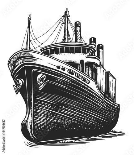 Detailed Engraving of a Classic Steamboat with Multiple Chimneys