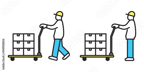 シンプル　イラスト　台車で荷物を運ぶ配達員の横顔のベクターイラスト