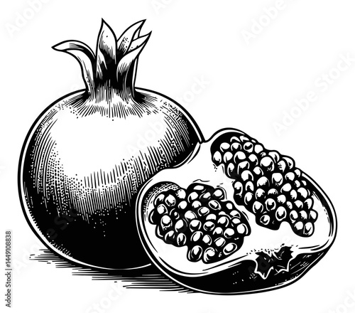 Detailed Engraving of a Pomegranate with Intricate Illustrations