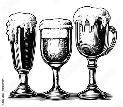 Vintage Engraved Illustration of Three Distinct Beer Glasses