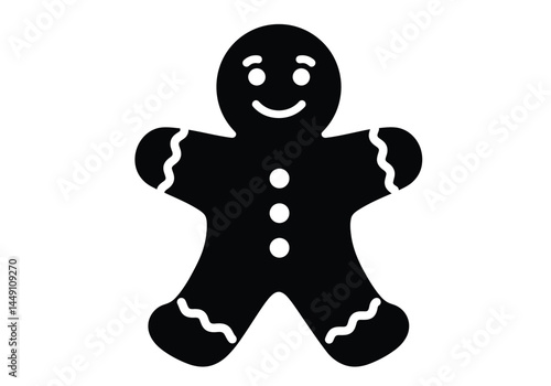 Gingerbread man silhouette. A black silhouette image of a gingerbread man with white icing details, including smiling face, buttons, and wavy lines on the arms and legs.  clipart illustration design.