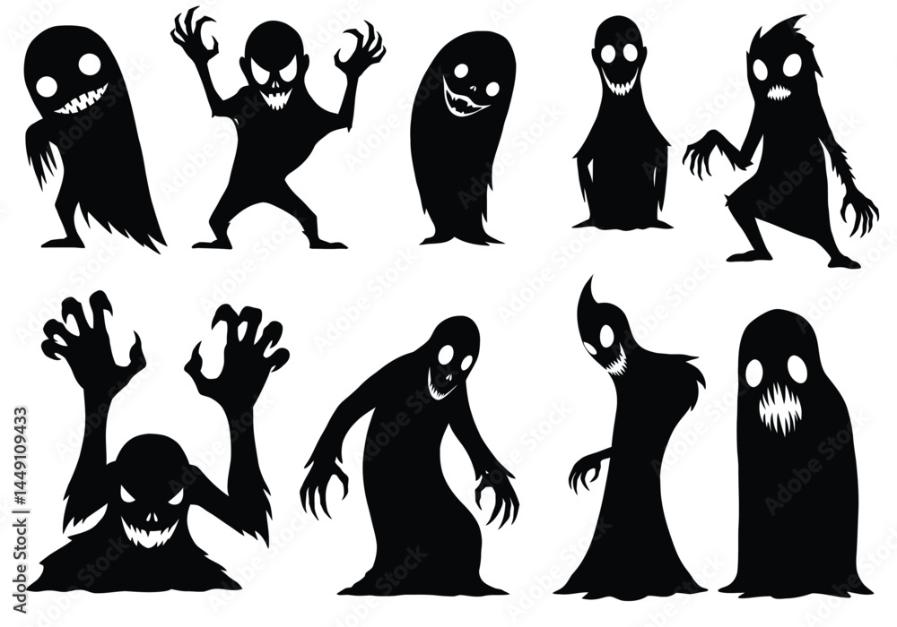 Obraz premium Scary silhouettes. This image shows various eerie and creepy ghost-like figures in black silhouettes, also known as frightening shadows or horror-themed shapes. Vector clipart illustration design.