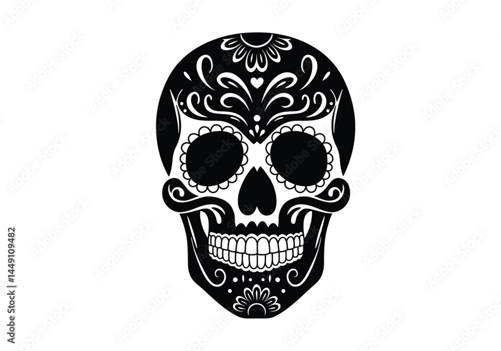 Sugar skull silhouette. This image shows a sugar skull silhouette, also known as a calavera, featuring intricate floral and decorative patterns. Vector clipart illustration design. Sugar skull silhouette. This image shows a sugar skull silhouette, also known as a calavera, featuring intricate floral and decorative patterns. Vector clipart illustration design.