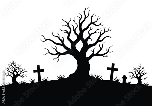 Scary trees silhouette. This image shows a spooky graveyard scene with eerie, leafless trees and crosses, creating a haunted atmosphere. Vector clipart illustration design.