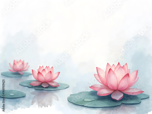 Watercolor painting of lotus flowers floating serene on a reflective pond surface