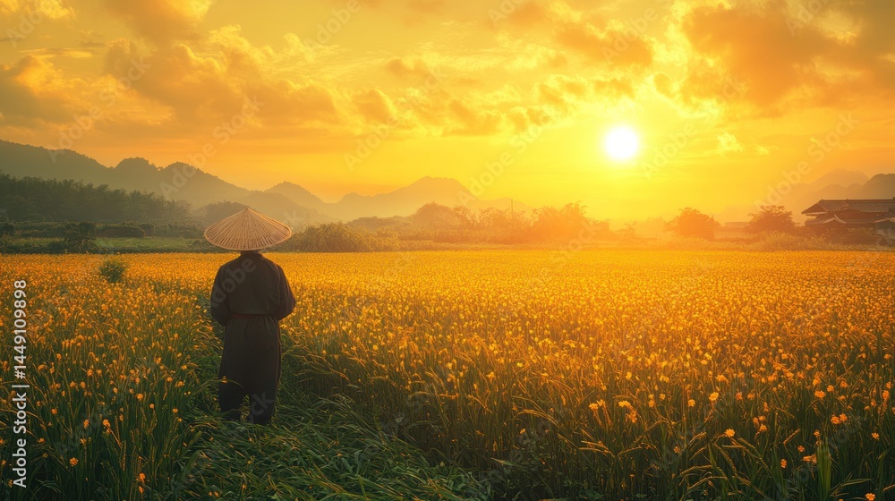 Fototapeta premium Golden sunset over rice paddy, farmer silhouette