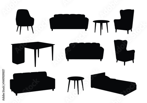 Furniture silhouette. This image shows various furniture silhouettes including chairs, sofas, tables, and a bed, also known as household or interior furnishings. Vector clipart illustration design.