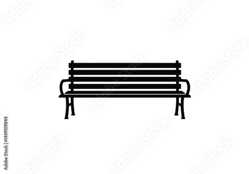 Park bench silhouette. This image shows a black silhouette of a park bench with horizontal slats and curved armrests, also known as an outdoor seating structure. Vector clipart illustration design.