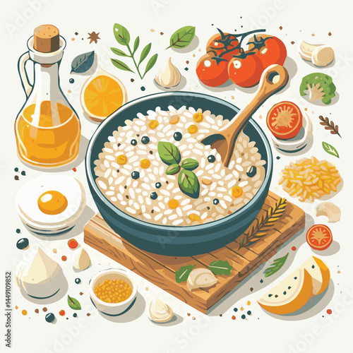 food, rice, risotto, dish, dinner, meal, plate, gourmet, italian, cuisine, lunch, cheese, parmesan, healthy, background, delicious, traditional, tasty, cooked, homemade, vegetable, recipe, top view, m