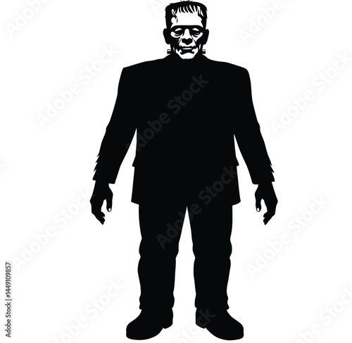 Frankenstein silhouette. This image shows a black silhouette of Frankenstein�s monster, a classic horror figure known for its eerie presence and stitched features. Vector clipart illustration design.