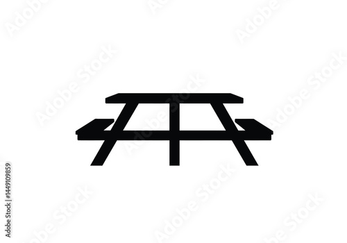 Picnic table silhouette. This image shows a black silhouette of a picnic table, which is a type of outdoor furniture used for dining and gatherings. Vector clipart illustration design.