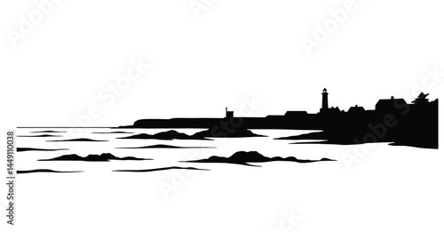Coastal silhouette. This image shows a coastal silhouette with a lighthouse, buildings, and waves in a vector clipart illustration design.