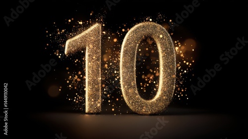 A stunning image of golden sparkling number ten on black background. Symbol 10. Invitation for a tenth birthday party or business anniversary.