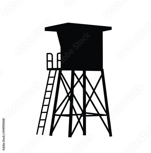 Lifeguard tower silhouette. This image shows a lifeguard tower silhouette, also known as a watchtower or observation tower, typically used for safety at beaches. Vector clipart illustration design.