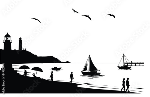 Seaside silhouettes. This image shows a tranquil beach scene with lighthouses, people, boats, and birds in silhouette, representing coastal beauty and relaxation. Vector clipart illustration design.