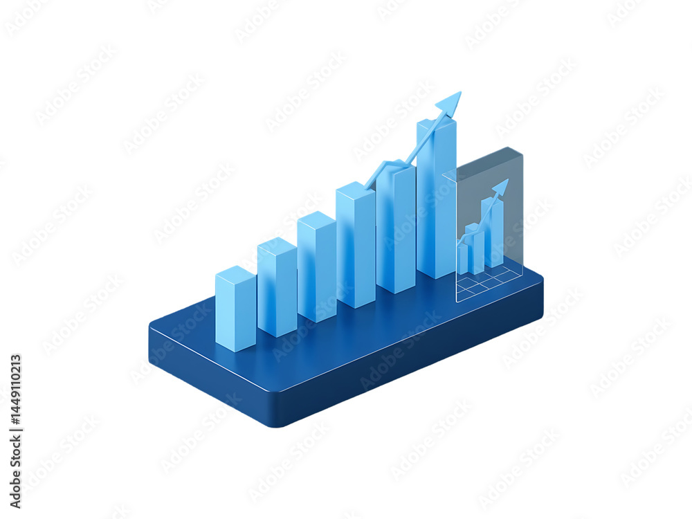 3D Render of Isometric Blue Bar Graph Showing Business Growth and Success on a transparent background 3D Render of Isometric Blue Bar Graph Showing Business Growth and Success on a transparent background