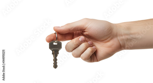 Male hand holding a house key – isolated image on transparent background