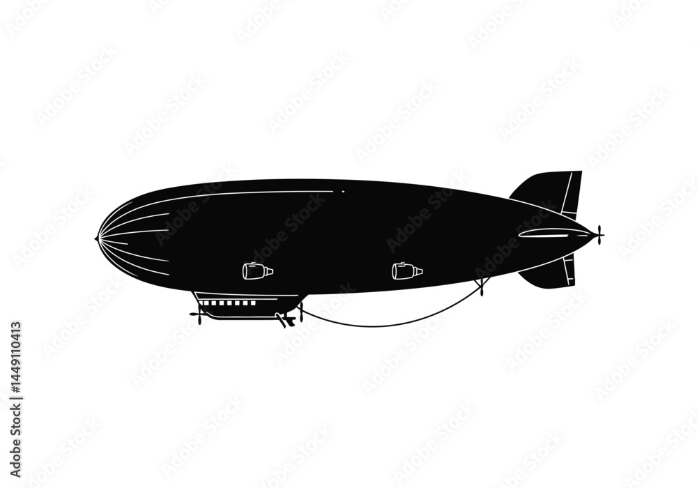 Zeppelin silhouette. This image shows a black silhouette of a zeppelin, also known as an airship or blimp, with detailed features like propellers and gondola. Vector clipart illustration design. Zeppelin silhouette. This image shows a black silhouette of a zeppelin, also known as an airship or blimp, with detailed features like propellers and gondola. Vector clipart illustration design.
