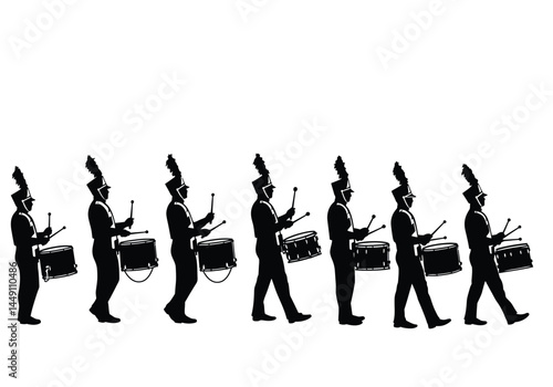 Drumline silhouette. This image shows a drumline of seven drummers in silhouette, marching in formation, also known as a percussion band or parade performers. Vector clipart illustration design.