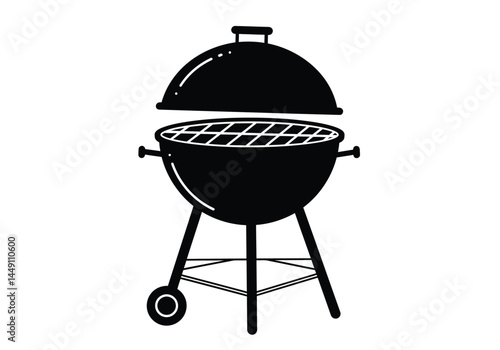 BBQ silhouette. This image shows a black and white vector clipart illustration design of a kettle-style barbecue grill with a lid, grate, and wheels. Vector clipart illustration design.