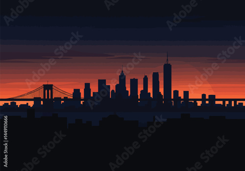 City sunset silhouette. This image shows a city skyline at sunset with a silhouette of buildings and a bridge, highlighting urban architecture and atmospheric lighting.  clipart illustration design.