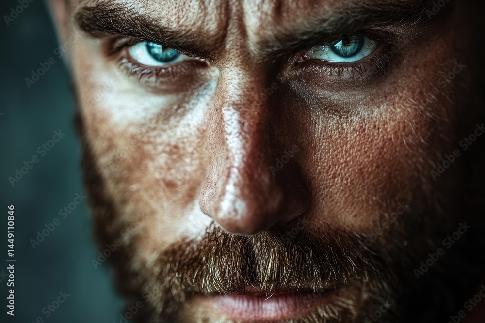 Obraz premium Close-up portrait of a bearded man with intense blue eyes and furrowed brows. For expressing emotions like anger, determination, or strong personality.
