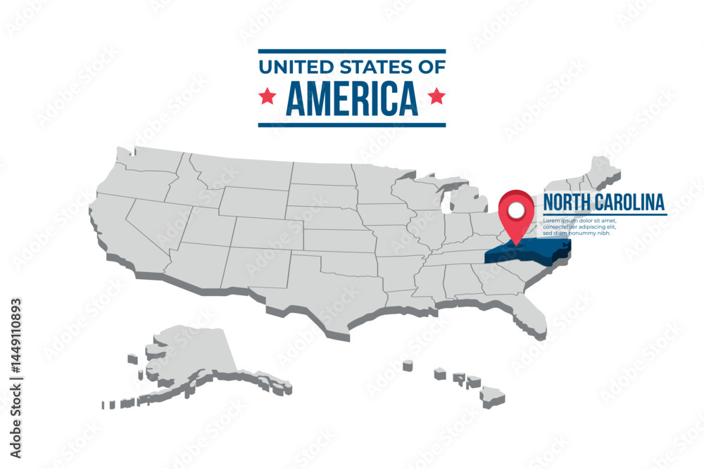 Obraz premium North Carolina Highlighted On A 3D Map Of The United States Of America