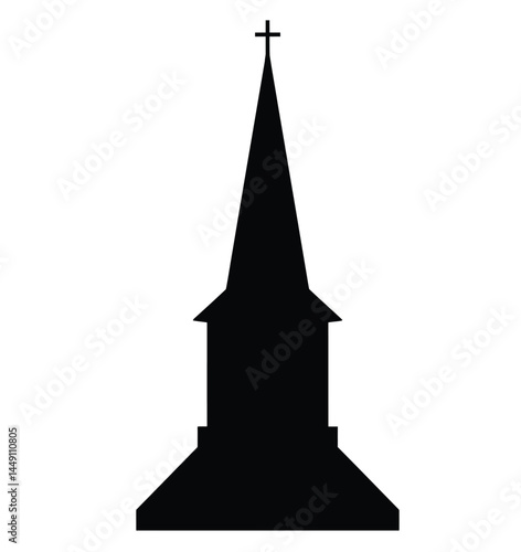 Church steeple silhouette. This image shows a black silhouette of a church steeple with a cross on top, representing religious architecture and faith. Vector clipart illustration design.