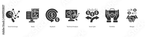 Market Strategy icon sheet stock exchange, stock, buyback, technical analysis, stock split, portfolio, merger