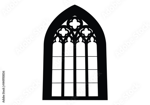 Church window silhouette. This image shows a church window silhouette, also known as a cathedral window outline, featuring gothic tracery and decorative elements. Vector clipart illustration design.