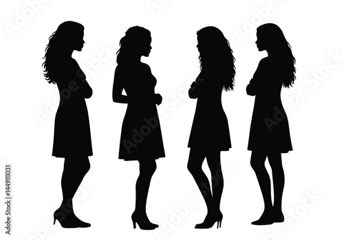 4 sisters silhouette. This image shows four women in silhouette form standing together, symbolizing family, sisterhood, and unity, also known as a female group pose.  clipart illustration design.