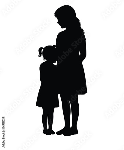 Big sister little sister silhouette. This image shows a silhouette of a big sister and a little sister standing together, highlighting their bond and relationship. Vector clipart illustration design.