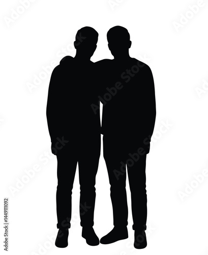 Brother silhouette. This image shows a black silhouette of two brothers standing closely with one arm around the other, sibling bond, unity, and companionship.  clipart illustration design.