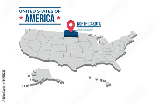 North Dakota Highlighted On A 3D Map Of The United States Of America