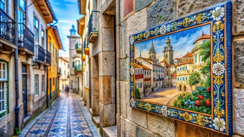 Wall decoration in Portuguese street with colorful tile plaque, surrounded by old buildings and vibrant street art, tile design, portuguese street decor
