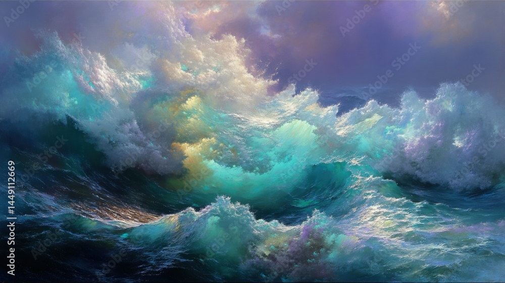 Fototapeta premium A breathtaking depiction of tumultuous ocean waves, showcasing dynamic movement and vibrant colors. The waves crash and swirl, reflecting hues of turquoise, blue, and soft pastels through the crests a