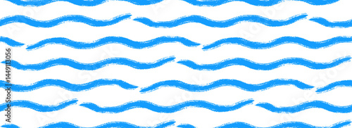 Blue wave seamless pattern. Repeating sea water line background. Watercolor brush stroke repeating wallpaper. Summer cruise collection ornament for textile, fabric, decor. Curly paint stripes. Vector