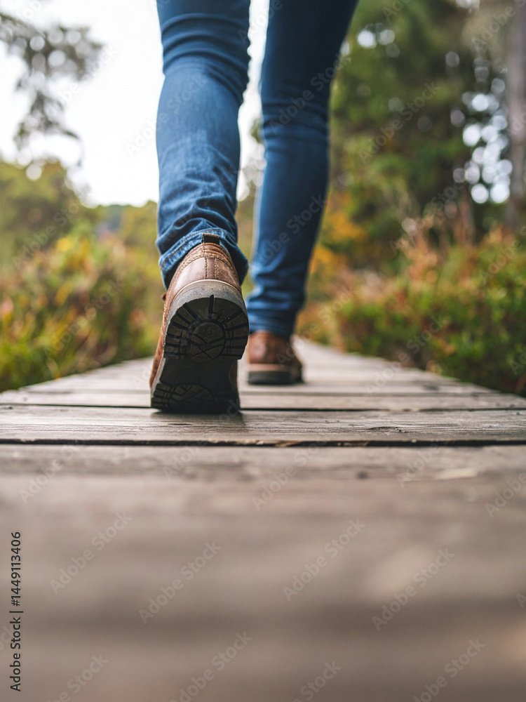 Low-angle close-up of feet walking on a rustic wooden path, surrounded by lush nature. Forward motion and blurred background evoke adventure, fresh starts, and personal journeys. Low-angle close-up of feet walking on a rustic wooden path, surrounded by lush nature. Forward motion and blurred background evoke adventure, fresh starts, and personal journeys.