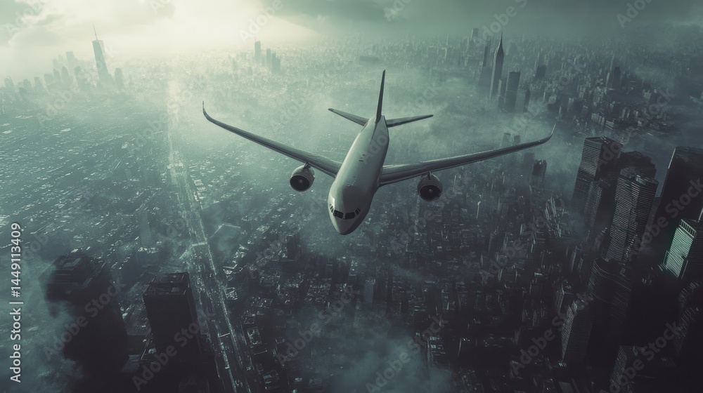 Fototapeta premium Airplane over a city shrouded in fog