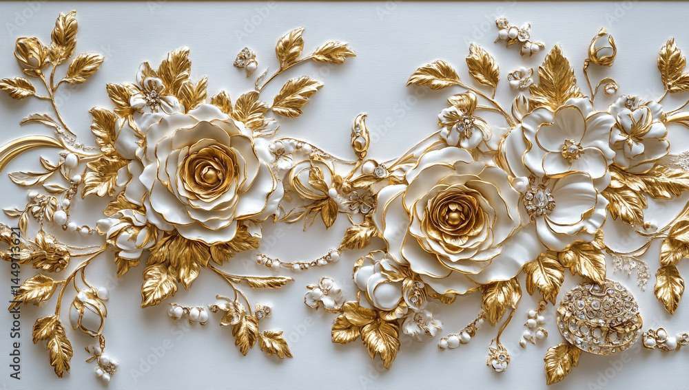 Obraz premium Elegant 3D Ceiling Wallpaper with White and Gold Floral Design