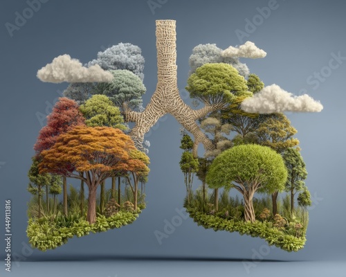 A creative depiction of lungs formed by trees and clouds, symbolizing the connection between forests and clean air.