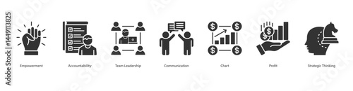 Empowering Leadership icon sheet vector illustration empowerment, accountability, team leadership, communication, chart, profit, strategic thinking